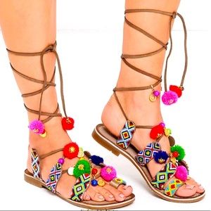 Posh Leg Tie Pom Sandals